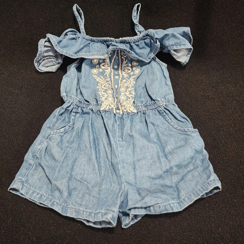 Old Navy Denim Chambray Embroidered‎ Cold Shoulder Romper Girls 3T